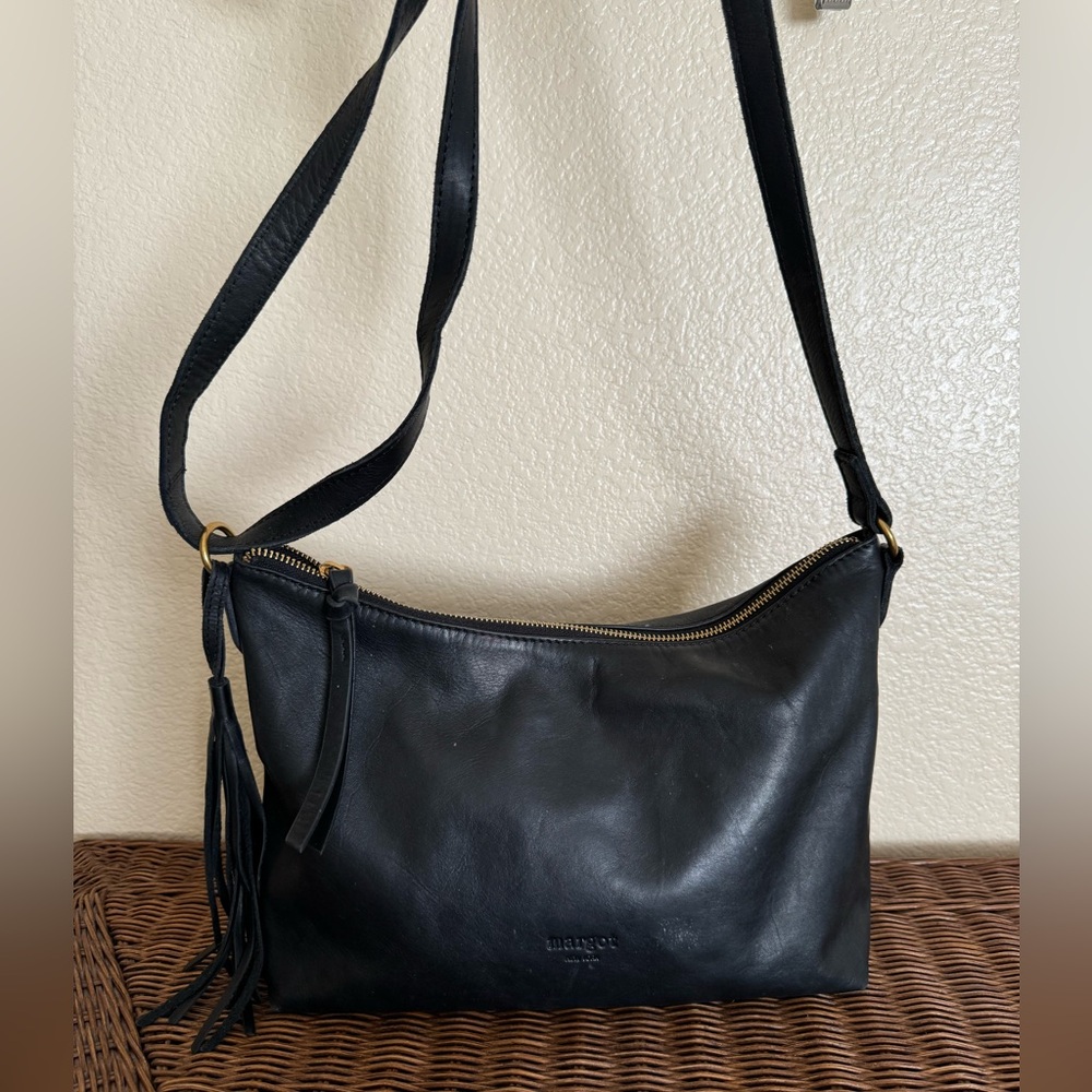 Margot New York Black Leather Zip Shoulder Bag Fringe Tassel